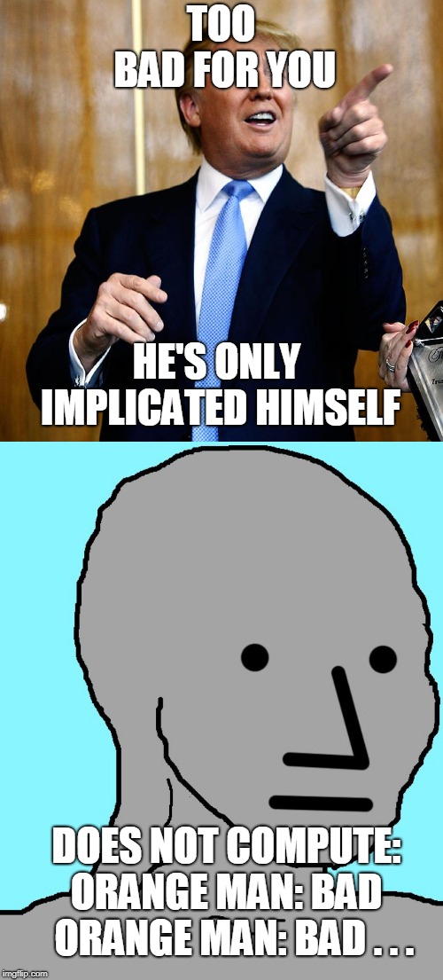 TOO BAD FOR YOU HE'S ONLY IMPLICATED HIMSELF DOES NOT COMPUTE:  ORANGE MAN: BAD   
ORANGE MAN: BAD . . . | image tagged in donal trump birthday,memes,npc | made w/ Imgflip meme maker