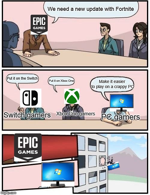 A new update with fortnite | We need a new update with Fortnite; Put it on the Switch; Put it on Xbox One; Make it easier to play on a crappy PC; Switch gamers; Xbox One gamers; PC gamers | image tagged in memes,boardroom meeting suggestion,crappy pc meme,fortnite meme | made w/ Imgflip meme maker
