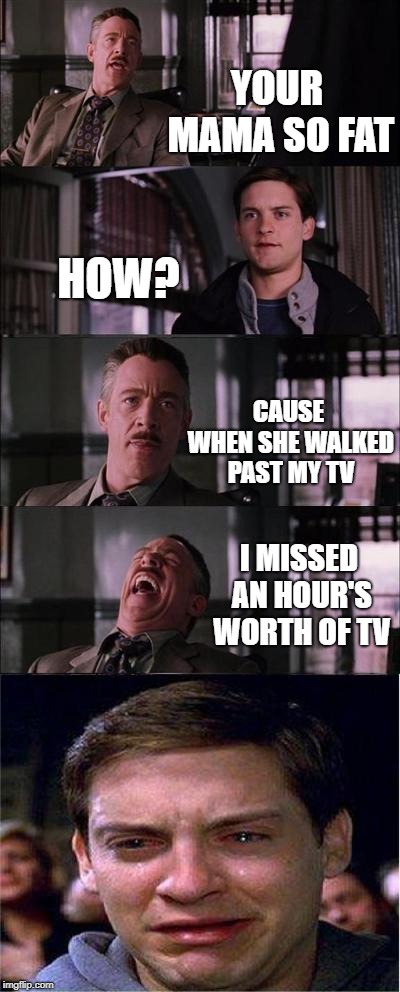 Peter Parker Cry | YOUR MAMA SO FAT; HOW? CAUSE WHEN SHE WALKED PAST MY TV; I MISSED AN HOUR'S WORTH OF TV | image tagged in memes,peter parker cry | made w/ Imgflip meme maker