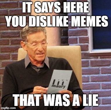 Maury Lie Detector | IT SAYS HERE YOU DISLIKE MEMES; THAT WAS A LIE | image tagged in memes,maury lie detector | made w/ Imgflip meme maker