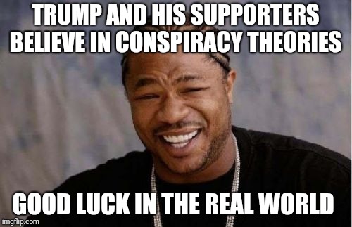 Yo Dawg Heard You | TRUMP AND HIS SUPPORTERS BELIEVE IN CONSPIRACY THEORIES; GOOD LUCK IN THE REAL WORLD | image tagged in memes,yo dawg heard you | made w/ Imgflip meme maker