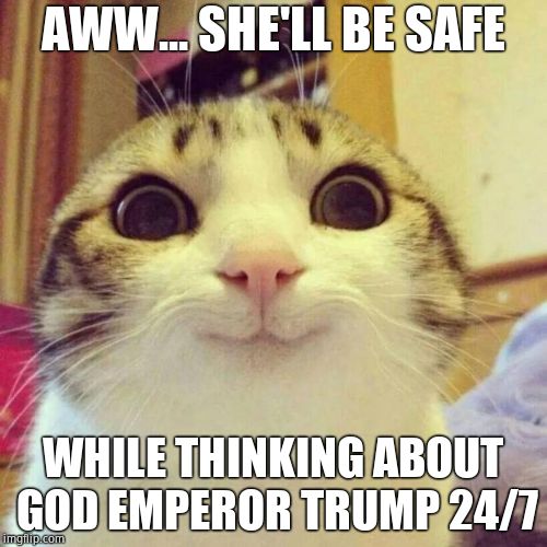 Smiling Cat Meme | AWW... SHE'LL BE SAFE WHILE THINKING ABOUT GOD EMPEROR TRUMP 24/7 | image tagged in memes,smiling cat | made w/ Imgflip meme maker