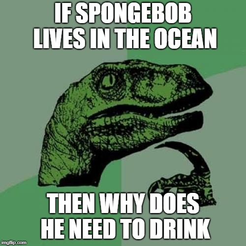 Philosoraptor Meme | IF SPONGEBOB LIVES IN THE OCEAN; THEN WHY DOES HE NEED TO DRINK | image tagged in memes,philosoraptor | made w/ Imgflip meme maker