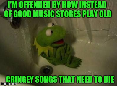 Kermit Shower | I'M OFFENDED BY HOW INSTEAD OF GOOD MUSIC STORES PLAY OLD CRINGEY SONGS THAT NEED TO DIE | image tagged in kermit shower | made w/ Imgflip meme maker