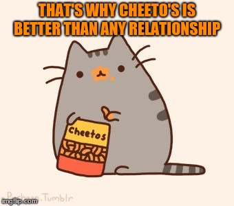 pusheen stole the cheetos | THAT'S WHY CHEETO'S IS BETTER THAN ANY RELATIONSHIP | image tagged in pusheen stole the cheetos | made w/ Imgflip meme maker