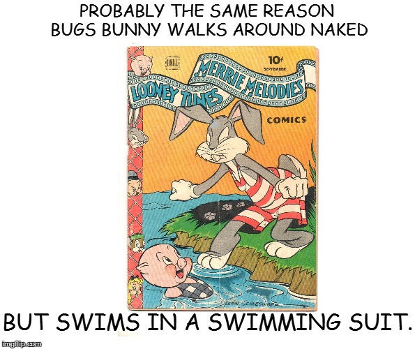 PROBABLY THE SAME REASON BUGS BUNNY WALKS AROUND NAKED BUT SWIMS IN A SWIMMING SUIT. | made w/ Imgflip meme maker