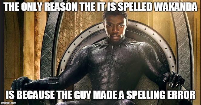King of Wakanda | THE ONLY REASON THE IT IS SPELLED WAKANDA; IS BECAUSE THE GUY MADE A SPELLING ERROR | image tagged in king of wakanda | made w/ Imgflip meme maker