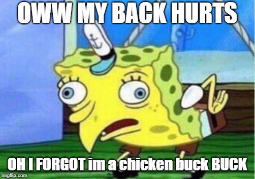 Mocking Spongebob | OWW MY BACK HURTS; OH I FORGOT im a chicken buck BUCK | image tagged in memes,mocking spongebob | made w/ Imgflip meme maker