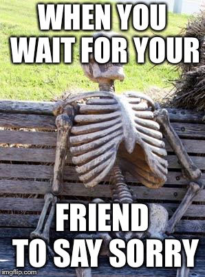 Waiting Skeleton Meme | WHEN YOU WAIT FOR YOUR; FRIEND TO SAY SORRY | image tagged in memes,waiting skeleton | made w/ Imgflip meme maker