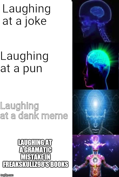 Some Wattpad meme | Laughing at a joke; Laughing at a pun; Laughing at a dank meme; LAUGHING AT A GRAMATIC MISTAKE IN FREAKSKULLZ98'S BOOKS | image tagged in memes | made w/ Imgflip meme maker