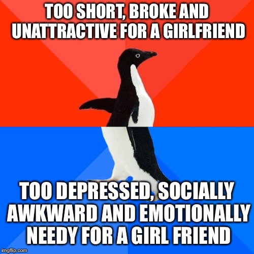 Socially Awesome Awkward Penguin Meme | TOO SHORT, BROKE AND UNATTRACTIVE FOR A GIRLFRIEND; TOO DEPRESSED, SOCIALLY AWKWARD AND EMOTIONALLY NEEDY FOR A GIRL FRIEND | image tagged in memes,socially awesome awkward penguin | made w/ Imgflip meme maker