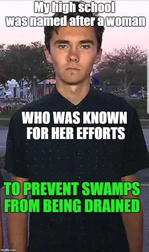 Only in Broward County | My high school was named after a woman; WHO WAS KNOWN FOR HER EFFORTS; TO PREVENT SWAMPS FROM BEING DRAINED | image tagged in david hogg,deep state,wake up,school shooting,false flag | made w/ Imgflip meme maker