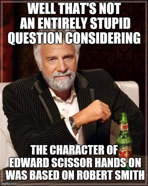 The Most Interesting Man In The World Meme | WELL THAT'S NOT AN ENTIRELY STUPID QUESTION CONSIDERING THE CHARACTER OF EDWARD SCISSOR HANDS ON WAS BASED ON ROBERT SMITH | image tagged in memes,the most interesting man in the world | made w/ Imgflip meme maker