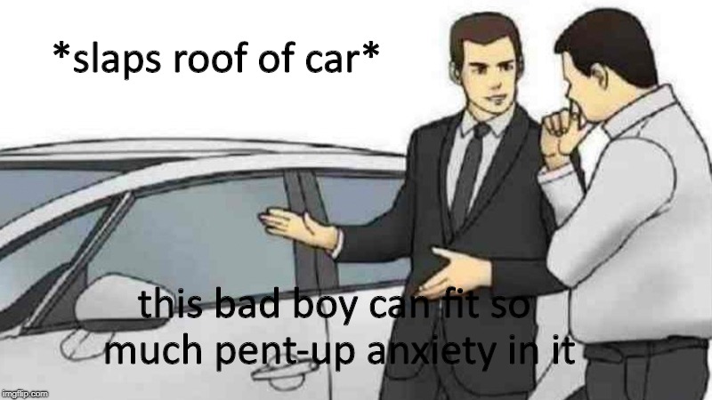 Car Salesman Slaps Roof Of Car Meme | *slaps roof of car*; this bad boy can fit so much pent-up anxiety in it | image tagged in memes,car salesman slaps roof of car | made w/ Imgflip meme maker