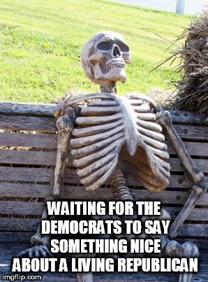 Waiting Skeleton | WAITING FOR THE DEMOCRATS TO SAY SOMETHING NICE ABOUT A LIVING REPUBLICAN | image tagged in memes,waiting skeleton | made w/ Imgflip meme maker