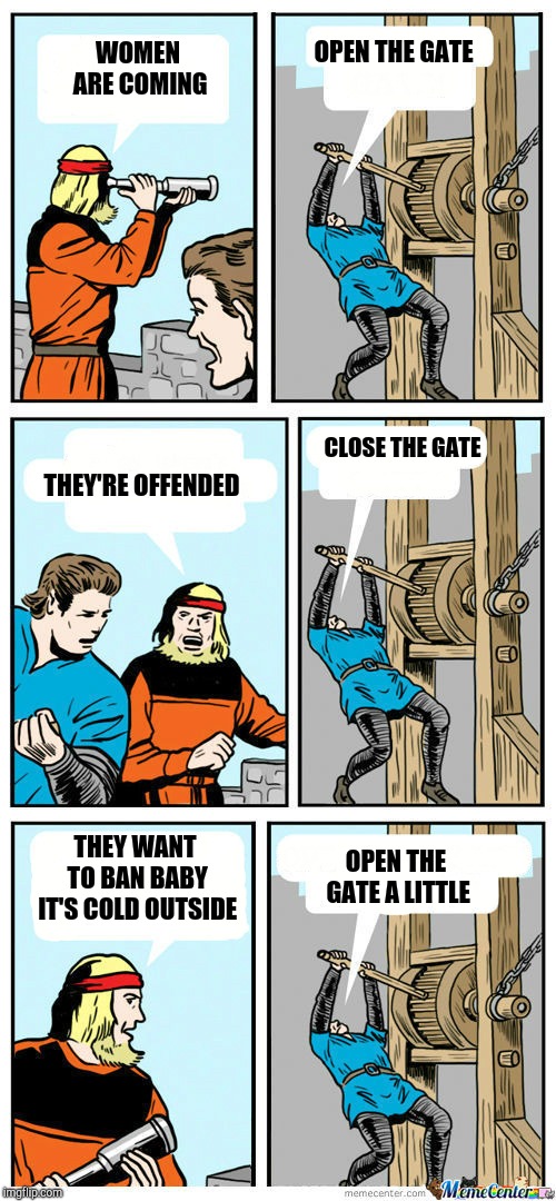 Open The Gate | OPEN THE GATE; WOMEN ARE COMING; CLOSE THE GATE; THEY'RE OFFENDED; THEY WANT TO BAN BABY IT'S COLD OUTSIDE; OPEN THE GATE A LITTLE | image tagged in open the gate | made w/ Imgflip meme maker