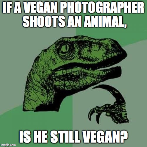 Disclaimer: I did not make this up myself. All credit goes to Liza Koshy and her "Late night thoughts" video | IF A VEGAN PHOTOGRAPHER SHOOTS AN ANIMAL, IS HE STILL VEGAN? | image tagged in memes,philosoraptor | made w/ Imgflip meme maker