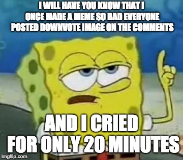 based on a true story | I WILL HAVE YOU KNOW THAT I ONCE MADE A MEME SO BAD EVERYONE POSTED DOWNVOTE IMAGE ON THE COMMENTS; AND I CRIED FOR ONLY 20 MINUTES | image tagged in memes,ill have you know spongebob,imgflip,memers | made w/ Imgflip meme maker