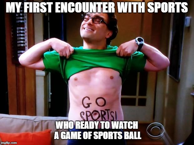 Go Sports | MY FIRST ENCOUNTER WITH SPORTS; WHO READY TO WATCH A GAME OF SPORTS BALL | image tagged in go sports | made w/ Imgflip meme maker
