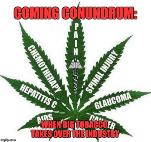 Congrats Pot Lobby: You just made Philip Morris, Altria & RJR billions in the coming decades! Big Tobacco meet Big Pharma. |  COMING CONUNDRUM:; WHEN BIG TOBACCO TAKES OVER THE INDUSTRY | image tagged in memes,big pharma,tobacco,big profits,marijuana,benefits of marijuana | made w/ Imgflip meme maker