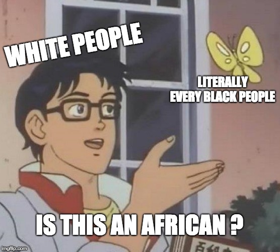 Is This A Pigeon | WHITE PEOPLE; LITERALLY EVERY BLACK PEOPLE; IS THIS AN AFRICAN ? | image tagged in memes,is this a pigeon | made w/ Imgflip meme maker