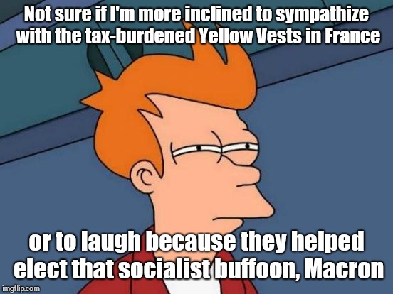 Futurama Fry | Not sure if I'm more inclined to sympathize with the tax-burdened Yellow Vests in France; or to laugh because they helped elect that socialist buffoon, Macron | image tagged in memes,futurama fry,france,yellow vests,socialist policies,emmanuel macron | made w/ Imgflip meme maker