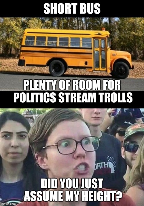 No, that's not Randy Newman you hear playing. Take a chill pill. |  SHORT BUS; PLENTY OF ROOM FOR POLITICS STREAM TROLLS; DID YOU JUST ASSUME MY HEIGHT? | image tagged in triggered liberal,short bus,memes,imgflip trolls,political correctness,arguments | made w/ Imgflip meme maker