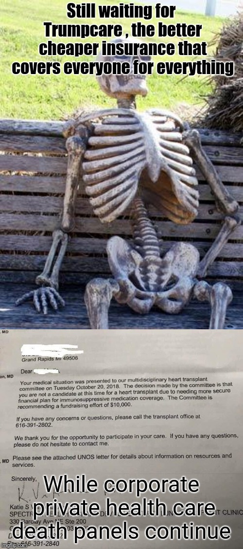 Still waiting for Trumpcare , the better cheaper insurance that covers everyone for everything; While corporate private health care death panels continue | image tagged in memes,waiting skeleton,trump,deathpanels,universalhealthcare,trumpcare | made w/ Imgflip meme maker