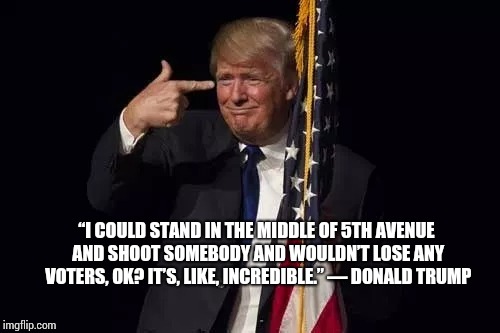 He Is Somebody | “I COULD STAND IN THE MIDDLE OF 5TH AVENUE AND SHOOT SOMEBODY AND WOULDN’T LOSE ANY VOTERS, OK? IT’S, LIKE, INCREDIBLE.” — DONALD TRUMP | image tagged in memes,meme,donald trump memes,shootings,a liar and a murderer,suicide | made w/ Imgflip meme maker