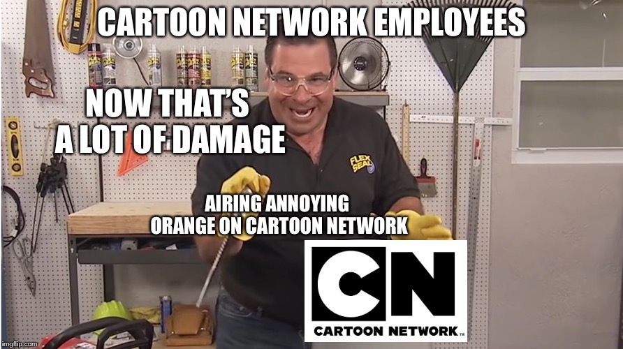 Phil Swift That's A Lotta Damage (Flex Tape/Seal) | CARTOON NETWORK EMPLOYEES; NOW THAT’S A LOT OF DAMAGE; AIRING ANNOYING ORANGE ON CARTOON NETWORK | image tagged in phil swift that's a lotta damage flex tape/seal | made w/ Imgflip meme maker