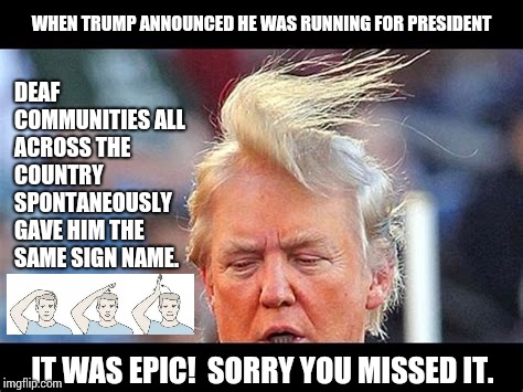 It's A Done Deal Now.  Deaf People Are Entirely TOO Cool!   | WHEN TRUMP ANNOUNCED HE WAS RUNNING FOR PRESIDENT; DEAF COMMUNITIES ALL ACROSS THE COUNTRY SPONTANEOUSLY GAVE HIM THE SAME SIGN NAME. IT WAS EPIC!  SORRY YOU MISSED IT. | image tagged in deaf,sign language,asl,memes,trump hair,donald trump hair | made w/ Imgflip meme maker