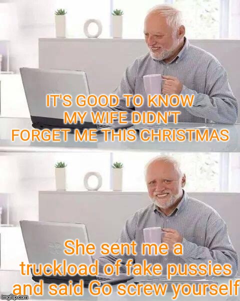 Hide the Pain Harold | IT'S GOOD TO KNOW MY WIFE DIDN'T FORGET ME THIS CHRISTMAS; She sent me a truckload of fake pussies and said Go screw yourself | image tagged in memes,hide the pain harold | made w/ Imgflip meme maker
