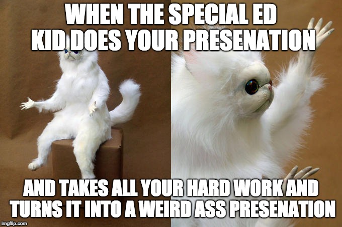 The first one, BurningAloe made it after me | WHEN THE SPECIAL ED KID DOES YOUR PRESENATION; AND TAKES ALL YOUR HARD WORK AND TURNS IT INTO A WEIRD ASS PRESENATION | image tagged in memes,persian cat room guardian | made w/ Imgflip meme maker