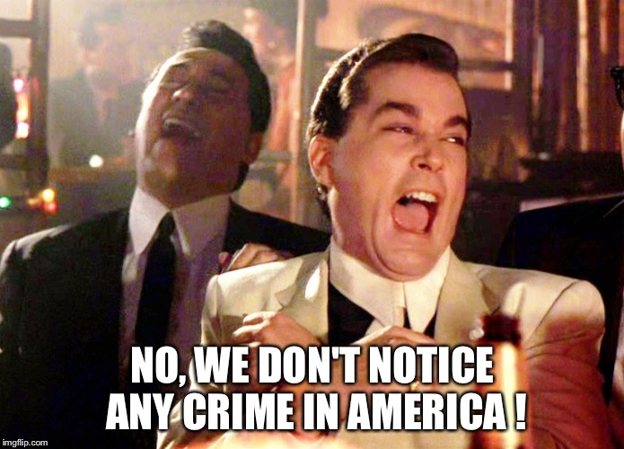 Good Fellas Hilarious Meme | NO, WE DON'T NOTICE ANY CRIME IN AMERICA ! | image tagged in memes,good fellas hilarious | made w/ Imgflip meme maker