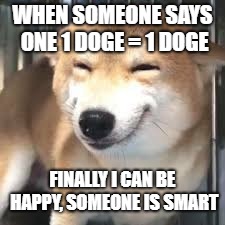 happy doge template | WHEN SOMEONE SAYS ONE 1 DOGE = 1 DOGE; FINALLY I CAN BE HAPPY, SOMEONE IS SMART | image tagged in happy doge template | made w/ Imgflip meme maker