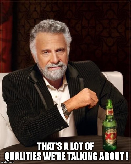 The Most Interesting Man In The World Meme | THAT'S A LOT OF QUALITIES WE'RE TALKING ABOUT ! | image tagged in memes,the most interesting man in the world | made w/ Imgflip meme maker