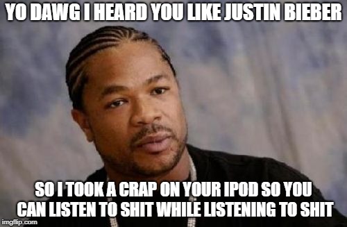 Serious Xzibit Meme |  YO DAWG I HEARD YOU LIKE JUSTIN BIEBER; SO I TOOK A CRAP ON YOUR IPOD SO YOU CAN LISTEN TO SHIT WHILE LISTENING TO SHIT | image tagged in memes,serious xzibit | made w/ Imgflip meme maker