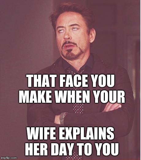 Face You Make Robert Downey Jr | THAT FACE YOU MAKE WHEN YOUR; WIFE EXPLAINS HER DAY TO YOU | image tagged in memes,face you make robert downey jr | made w/ Imgflip meme maker