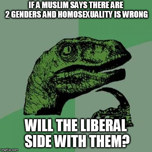 Makes ya wonder doesn't it? | IF A MUSLIM SAYS THERE ARE 2 GENDERS AND HOMOSEXUALITY IS WRONG; WILL THE LIBERAL SIDE WITH THEM? | image tagged in memes,philosoraptor,liberals | made w/ Imgflip meme maker