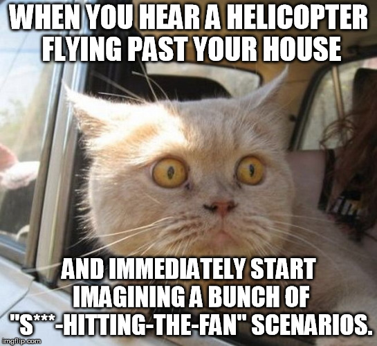Scared Cat | WHEN YOU HEAR A HELICOPTER FLYING PAST YOUR HOUSE; AND IMMEDIATELY START IMAGINING A BUNCH OF "S***-HITTING-THE-FAN" SCENARIOS. | image tagged in scared cat | made w/ Imgflip meme maker