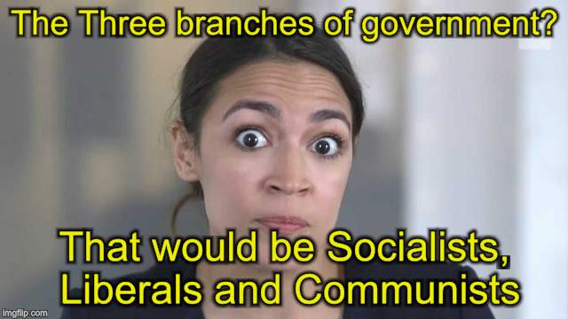 Umm..i know this one | The Three branches of government? That would be Socialists, Liberals and Communists | image tagged in crazy alexandria ocasio-cortez,politics,millennials,liberal logic | made w/ Imgflip meme maker
