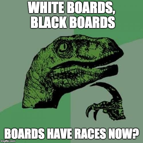 Philosoraptor Meme | WHITE BOARDS, BLACK BOARDS; BOARDS HAVE RACES NOW? | image tagged in memes,philosoraptor | made w/ Imgflip meme maker
