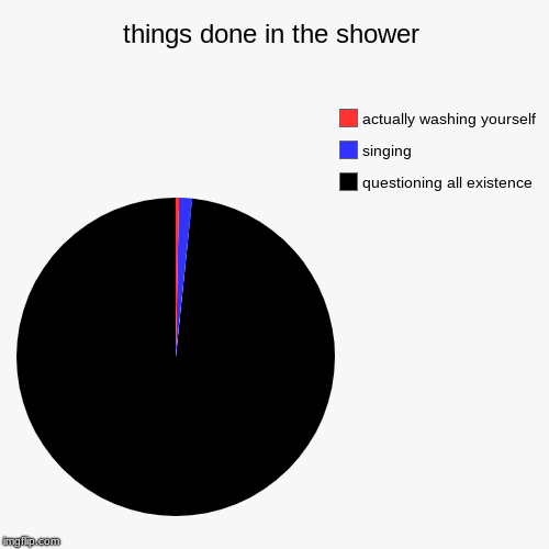 things done in the shower | questioning all existence, singing, actually washing yourself | image tagged in funny,pie charts | made w/ Imgflip chart maker