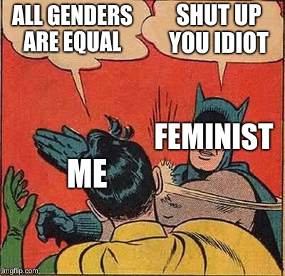 Batman Slapping Robin | ALL GENDERS ARE EQUAL; SHUT UP YOU IDIOT; FEMINIST; ME | image tagged in memes,batman slapping robin | made w/ Imgflip meme maker