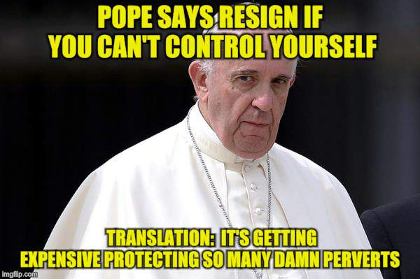 Pope Finally Takes A Stand | POPE SAYS RESIGN IF YOU CAN'T CONTROL YOURSELF; TRANSLATION:  IT'S GETTING EXPENSIVE PROTECTING SO MANY DAMN PERVERTS | image tagged in memes,pope francis,double standards,vatican,pervert | made w/ Imgflip meme maker
