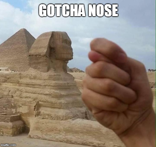 Sphinx and Phist  | GOTCHA NOSE | image tagged in vince vance,the great sphinx,fist,kids trick,ancient egypt,wonders of the world | made w/ Imgflip meme maker