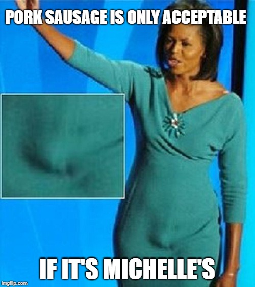 Michelle Obama Has a Penis | PORK SAUSAGE IS ONLY ACCEPTABLE IF IT'S MICHELLE'S | image tagged in michelle obama has a penis | made w/ Imgflip meme maker