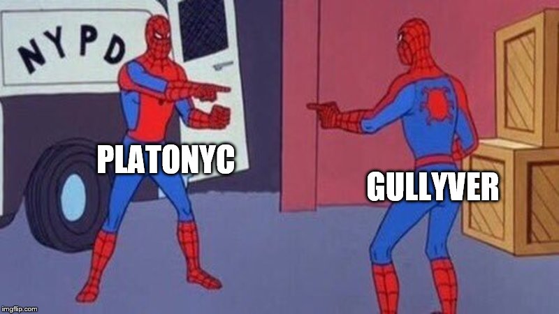 spiderman pointing at spiderman | GULLYVER; PLATONYC | image tagged in spiderman pointing at spiderman | made w/ Imgflip meme maker