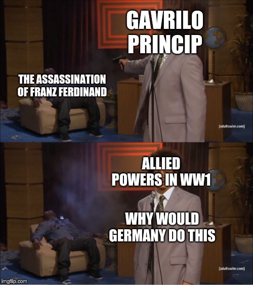 Who Killed Hannibal | GAVRILO PRINCIP; THE ASSASSINATION OF FRANZ FERDINAND; ALLIED POWERS IN WW1; WHY WOULD GERMANY DO THIS | image tagged in memes,who killed hannibal | made w/ Imgflip meme maker