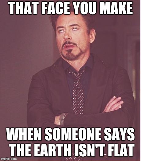 Face You Make Robert Downey Jr | THAT FACE YOU MAKE; WHEN SOMEONE SAYS THE EARTH ISN'T FLAT | image tagged in memes,face you make robert downey jr | made w/ Imgflip meme maker